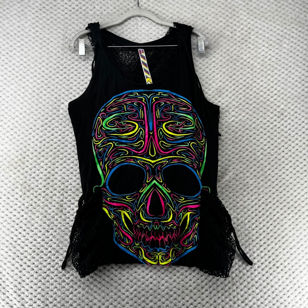 Esquizo Skull Tank‎ Top Tattoo Lace Trim Coverup Hooded Graphic Print Black L
